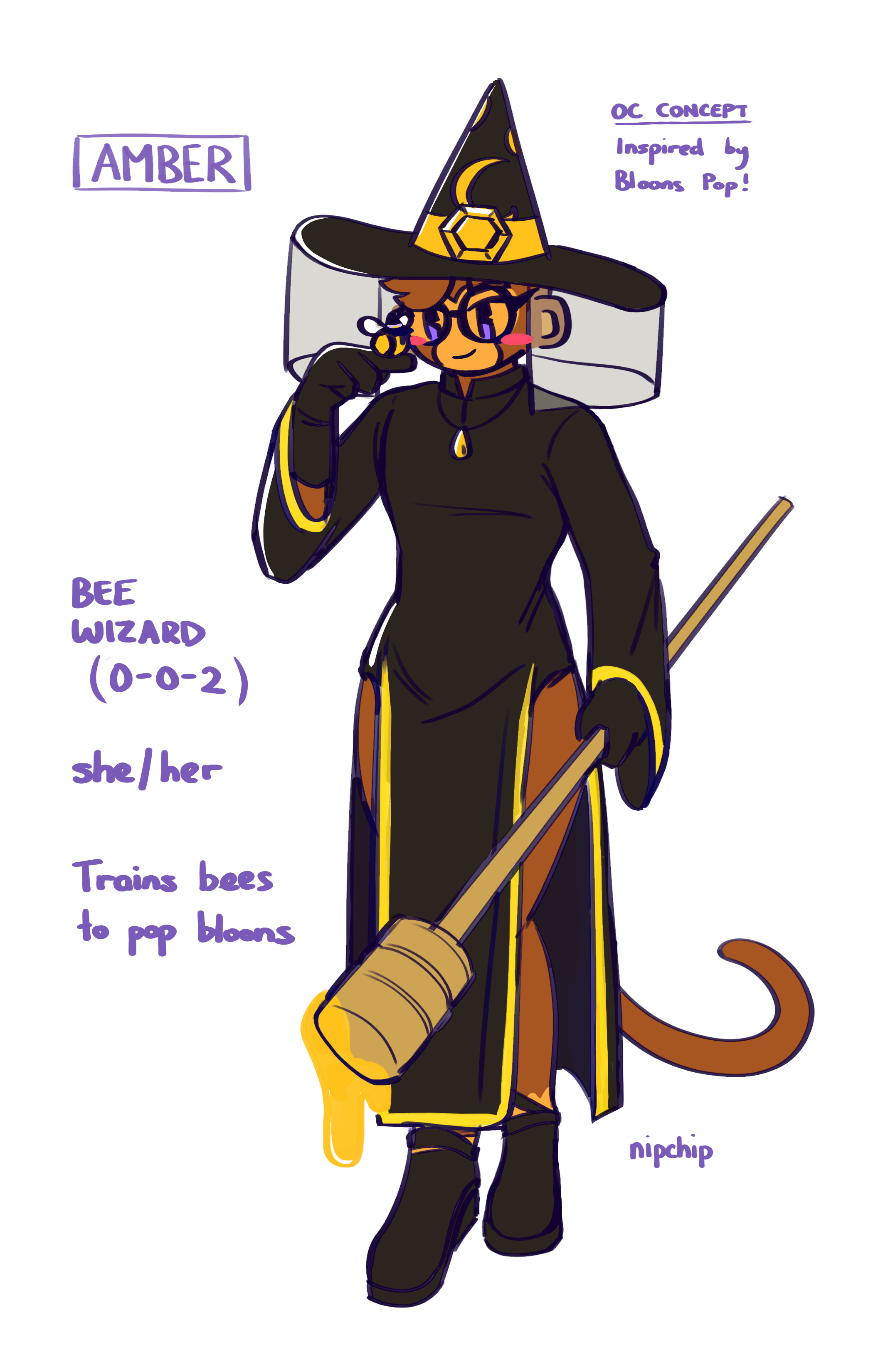 Bee wizard Amber. In one hand she is holding her honey dipper wand in one hand. In the other hand, a bee is resting on her finger. Text: Amber, bee wizard (0-0-2), she/her, trains bee to pop bloons, oc concept inspired by Bloons Pop!